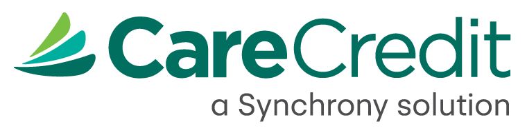 CareCredit logo in teal with a green swoosh icon and the tagline 'a Synchrony solution'.