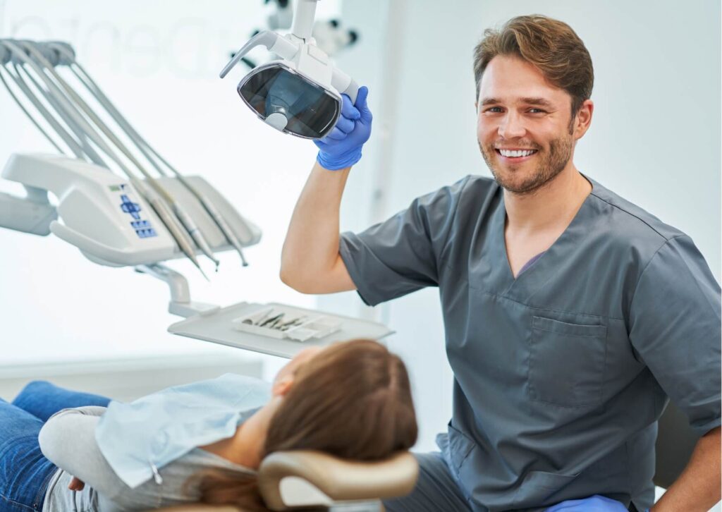 Patient receiving a composite dental filling treatment, a durable and natural-looking option for repairing decayed teeth and minor damage